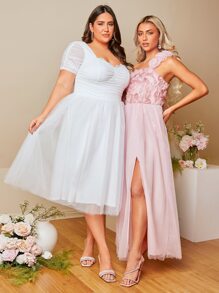 SHEIN Belle Plus 1pc Ruched Sweetheart Neck Ruched Bust Mesh Overlay Wedding Dress - White - View 5