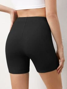 SHEIN BASICS Pantalón Corto De Punto Acanalado Sólido Estilo Biker - Negro - Ver 2