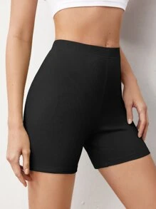 SHEIN BASICS Pantalón Corto De Punto Acanalado Sólido Estilo Biker - Negro - Ver 3
