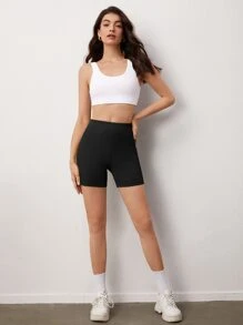 SHEIN BASICS Pantalón Corto De Punto Acanalado Sólido Estilo Biker - Negro - Ver 5