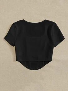 SHEIN EZwear Square Neck Seam Detail Curved Hem Crop Tee - Black - View 2
