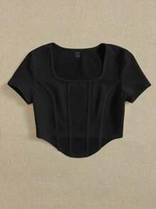 SHEIN EZwear Square Neck Seam Detail Curved Hem Crop Tee - Black - View 3