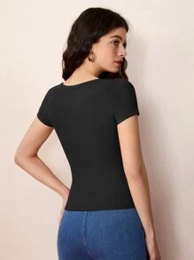 SHEIN BASICS V 領羅紋針織純色 T 卹 - 黑色 - 查看 2