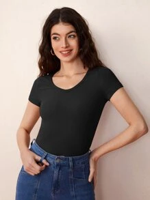 SHEIN BASICS V 領羅紋針織純色 T 卹 - 黑色 - 查看 5