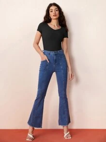 SHEIN BASICS V 領羅紋針織純色 T 卹 - 黑色 - 查看 6