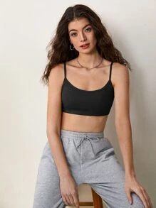 SHEIN BASICS Solid Crop Ribbed Knit Cami Top For Summer - Black - View 1