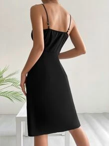 SHEIN EZwear Ruched Bust Split Thigh Cami Dress - Black - View 3