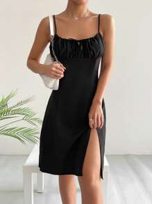 SHEIN EZwear Ruched Bust Split Thigh Cami Dress - Black - View 1