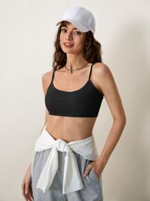 SHEIN BASICS Solid Crop Ribbed Knit Cami Top For Summer - Black - View 3