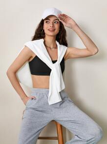 SHEIN BASICS Solid Crop Ribbed Knit Cami Top For Summer - Black - View 4