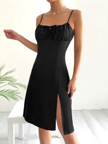 SHEIN EZwear Ruched Bust Split Thigh Cami Dress - Black - View 5