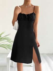 SHEIN EZwear Ruched Bust Split Thigh Cami Dress - Black - View 6