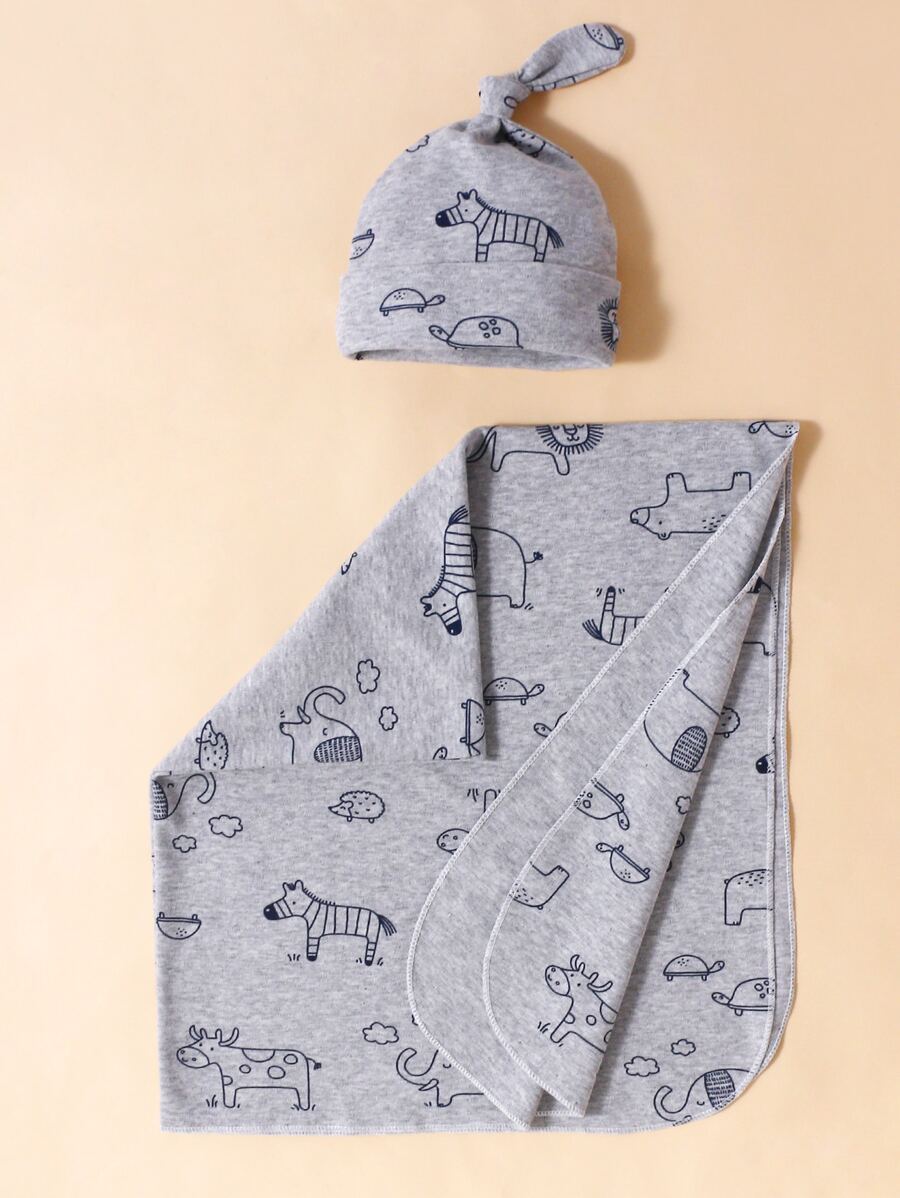 1 件婴儿卡通图案襁褓毯和 1 件情人节爱心帽 - 灰色 - 查看 1
