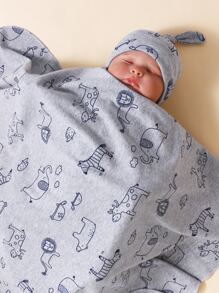 1 件婴儿卡通图案襁褓毯和 1 件情人节爱心帽 - 灰色 - 查看 2