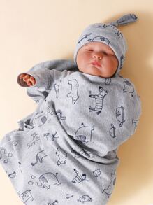 1 件婴儿卡通图案襁褓毯和 1 件情人节爱心帽 - 灰色 - 查看 3