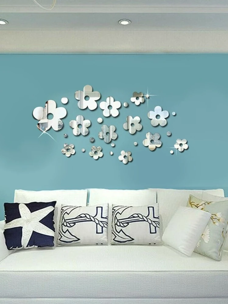 28 pezzi/pacco Adesivi murali a specchio con design combinato di piccoli fiori, decalcomanie in acrilico argento per decorazione della parete | SHEIN ALIA