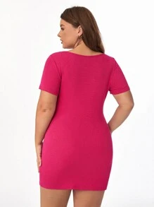 SHEIN BASICS Plus Solid V Neck Bodycon Dress - Hot Pink - View 2
