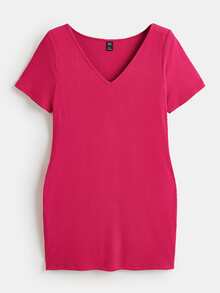 SHEIN BASICS Plus Solid V Neck Bodycon Dress - Hot Pink - View 3