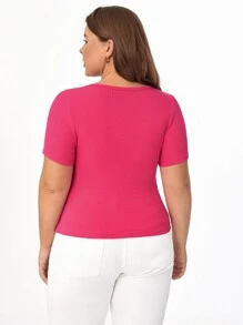 SHEIN BASICS Hơn Chất rắn Cổ v Áo thun - Màu Hồng Tươi - Xem 2