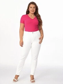 SHEIN BASICS Hơn Chất rắn Cổ v Áo thun - Màu Hồng Tươi - Xem 3