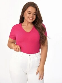 SHEIN BASICS Hơn Chất rắn Cổ v Áo thun - Màu Hồng Tươi - Xem 6