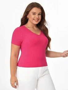 SHEIN BASICS Hơn Chất rắn Cổ v Áo thun - Màu Hồng Tươi - Xem 7