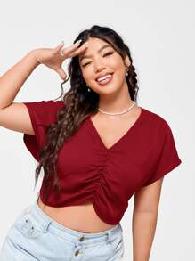 SHEIN EZwear Plus Ruched Front Crop Blouse - Burgundy - View 1