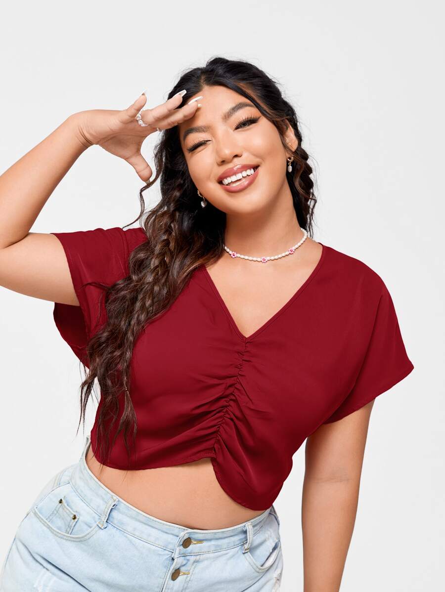 SHEIN EZwear Plus Ruched Front Crop Blouse - Burgundy - View 1