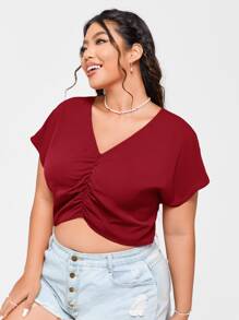 SHEIN EZwear Plus Ruched Front Crop Blouse - Burgundy - View 3