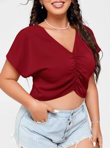 SHEIN EZwear Plus Ruched Front Crop Blouse - Burgundy - View 4