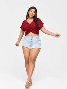 SHEIN EZwear Plus Ruched Front Crop Blouse - Burgundy - View 5