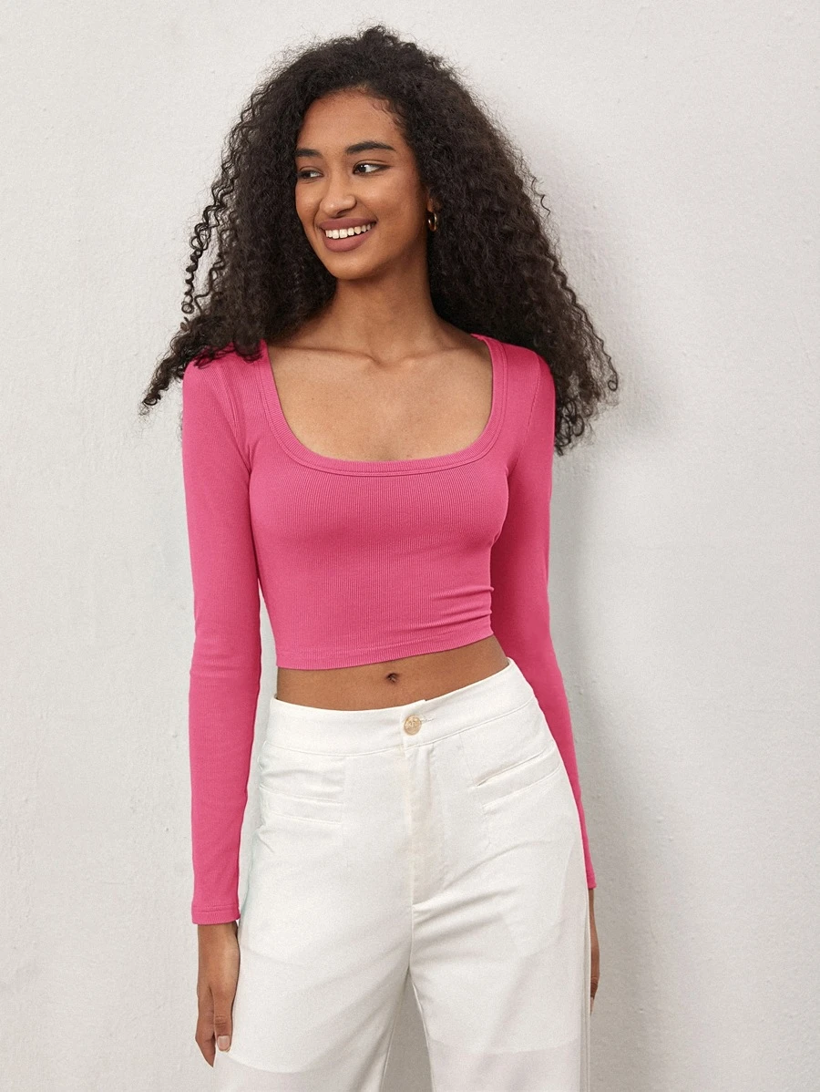 SHEIN BASICS 方領短款T恤 - 粉色 - 查看 1