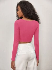 SHEIN BASICS 方領短款T恤 - 粉色 - 查看 2