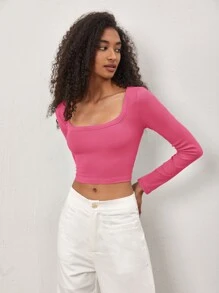 SHEIN BASICS 方領短款T恤 - 粉色 - 查看 3