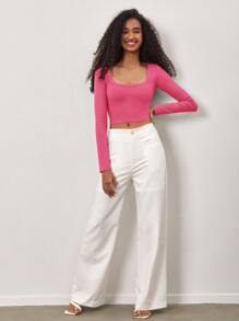 SHEIN BASICS 方領短款T恤 - 粉色 - 查看 4