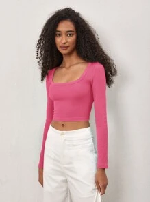 SHEIN BASICS 方領短款T恤 - 粉色 - 查看 5