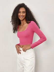 SHEIN BASICS 方領短款T恤 - 粉色 - 查看 6