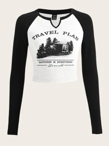 SHEIN EZwear 标语图案插肩袖短款 T 恤 旅行计划 幸福就是一切 让我们疯狂起来 - 白色 - 查看 1