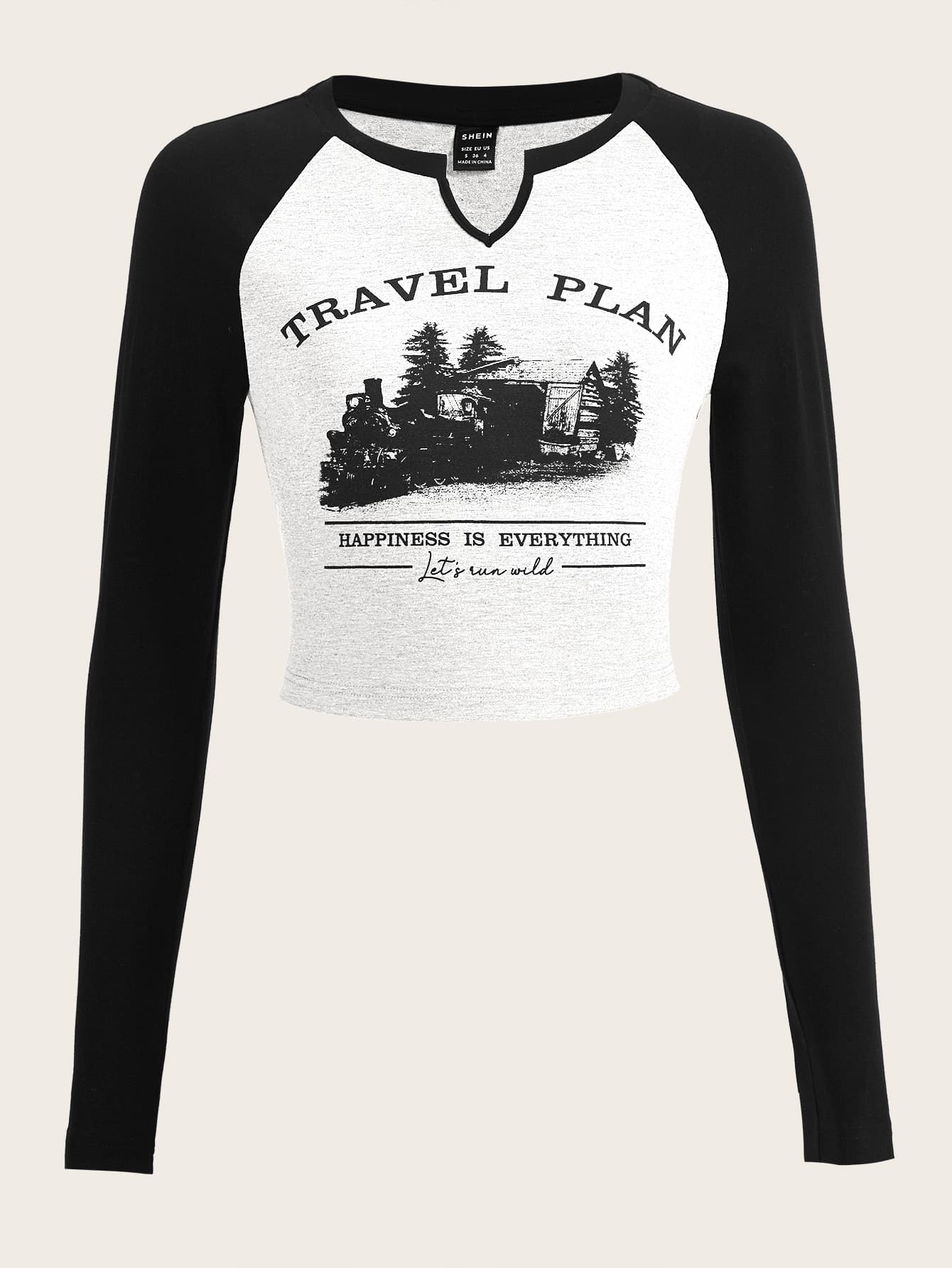 SHEIN EZwear 标语图案插肩袖短款 T 恤 旅行计划 幸福就是一切 让我们疯狂起来 - 白色 - 查看 1