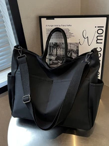 轻便、商务休闲简约大容量单肩托特包，适合少女、女大学生、新秀和白领，非常适合办公室、大学、工作、商务、通勤、户外、旅行、郊游书包，大容量、便携、轻便、行李带设计，适合少女、女大学生，非常适合返校、中学、高中、购物、度假、户外、旅行、郊游，大号学校手提包，多个隔层，非常适合海滩、学校、工作和日常使用，文学学校包和书包，适合女性或学生，非常适合书籍、购物、返校等 - 黑色 - 查看 3