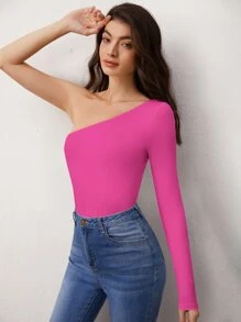 SHEIN BASICS Body De Un Hombro Sólido - Rosa Fucsia - Ver 6