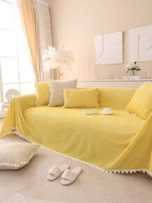1 tấm bọc ghế sofa ren hoa màu trơn, thân thiện với thú cưng, bền, có thể giặt, bảo vệ ghế sofa trang trí ngày lễ, phù hợp với ghế sofa 1/2/3/4 chỗ ngồi - Màu vàng - Xem 1