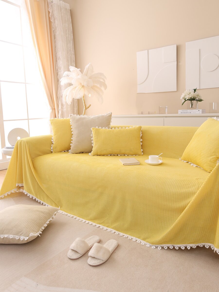 1 tấm bọc ghế sofa ren hoa màu trơn, thân thiện với thú cưng, bền, có thể giặt, bảo vệ ghế sofa trang trí ngày lễ, phù hợp với ghế sofa 1/2/3/4 chỗ ngồi - Màu vàng - Xem 1
