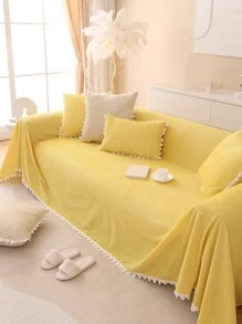 1 tấm bọc ghế sofa ren hoa màu trơn, thân thiện với thú cưng, bền, có thể giặt, bảo vệ ghế sofa trang trí ngày lễ, phù hợp với ghế sofa 1/2/3/4 chỗ ngồi - Màu vàng - Xem 4