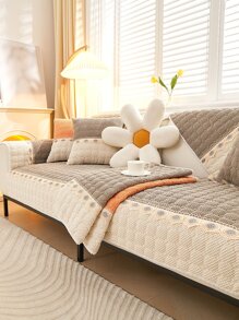 1pc Floral Pattern Colorblock Sofa Towel, Modern Polyester Sofa Cover Blanket For Home - Khaki - View 1