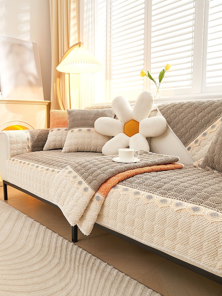 1pc Floral Pattern Colorblock Sofa Towel, Modern Polyester Sofa Cover Blanket For Home - Khaki - View 1