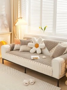 1pc Floral Pattern Colorblock Sofa Towel, Modern Polyester Sofa Cover Blanket For Home - Khaki - View 4
