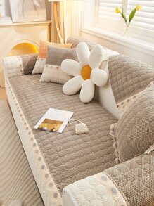 1pc Floral Pattern Colorblock Sofa Towel, Modern Polyester Sofa Cover Blanket For Home - Khaki - View 5
