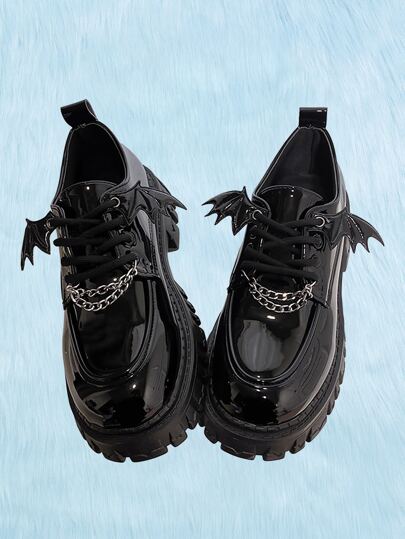 Women Bat Wing & Chain Decor Lace-Up Front Flatform Punk Black Oxford Shoes Fall New Year Holiday Valentines