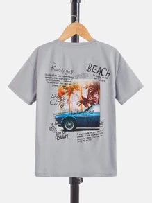 SHEIN 男孩標語和棕櫚樹印花落肩T恤 - 淺灰色 - 查看 1